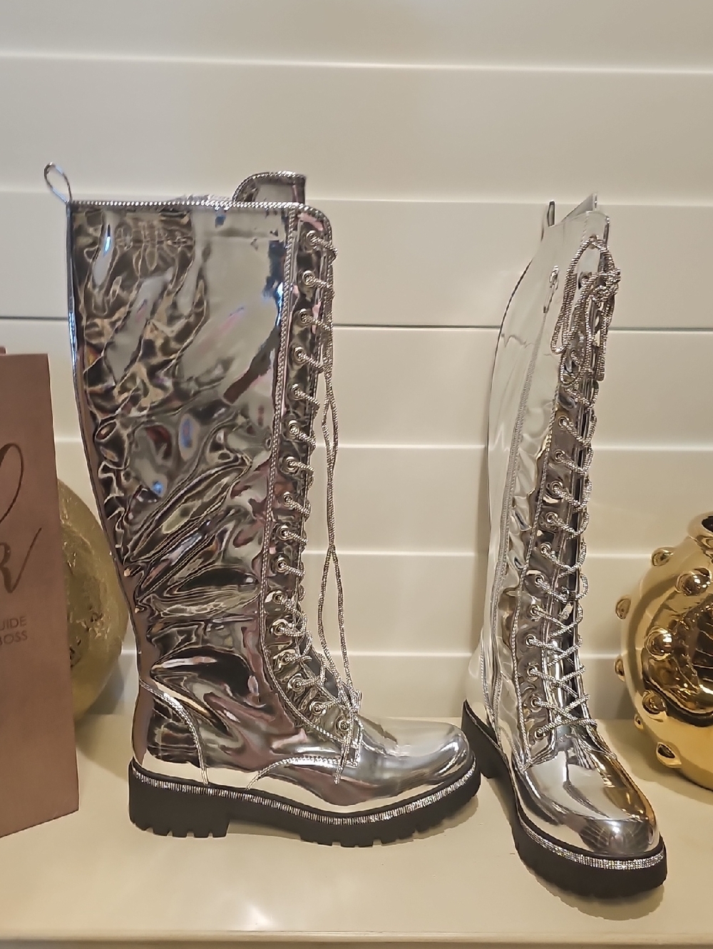 New Silver Metallic Lace-Up Knee-High Boots - Women's